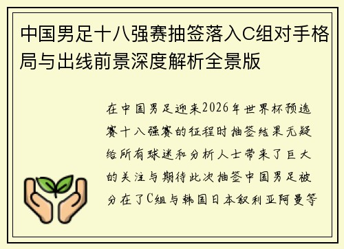 中国男足十八强赛抽签落入C组对手格局与出线前景深度解析全景版