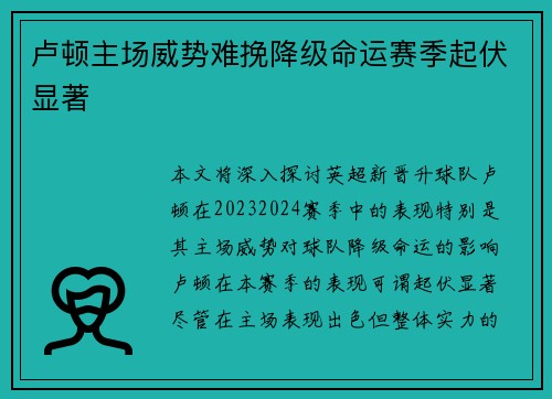 卢顿主场威势难挽降级命运赛季起伏显著